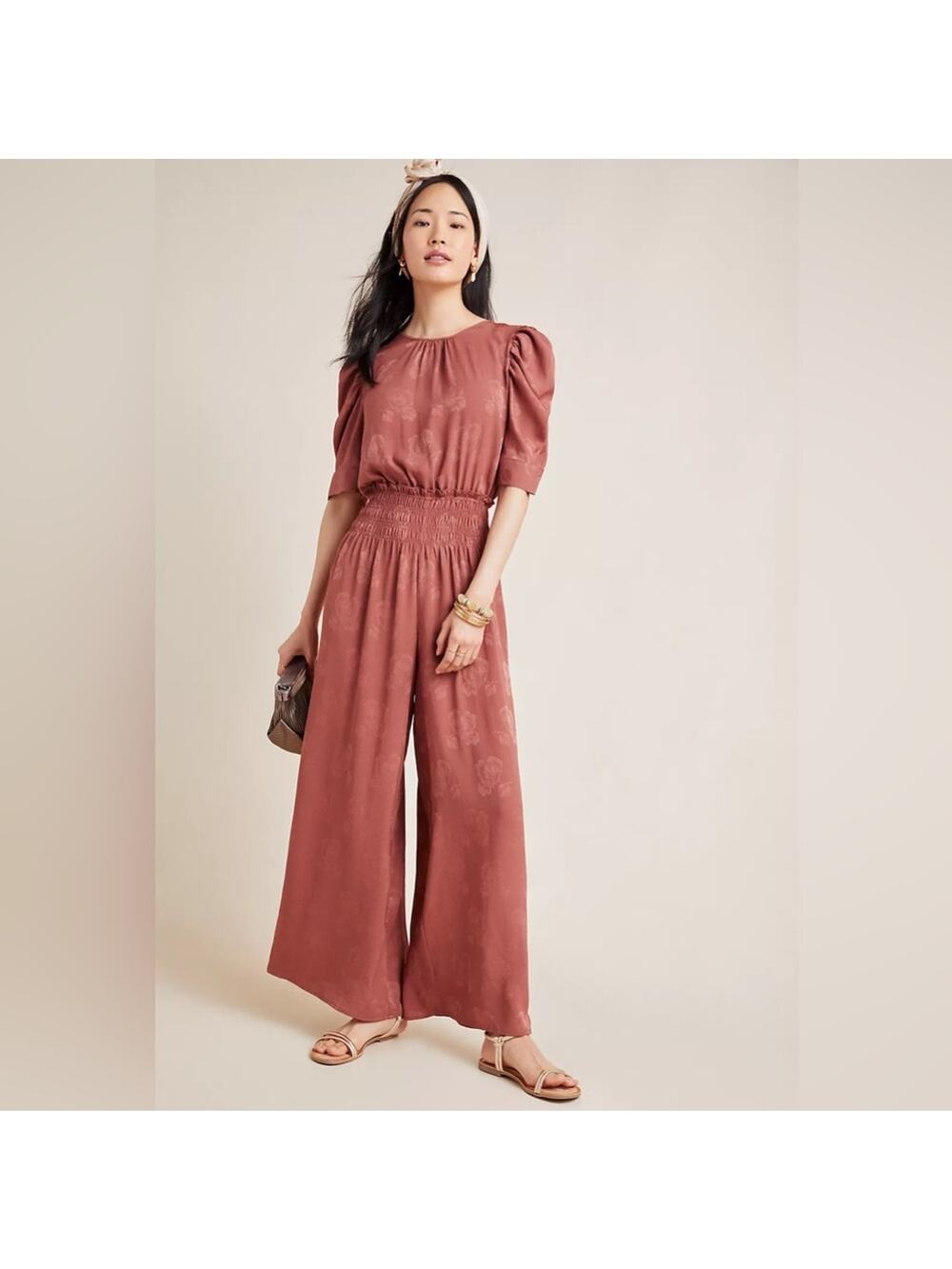Anthropologie Castille Satin Jacquard Wide Leg Jumpsuit in Rose/Brown Sz Small